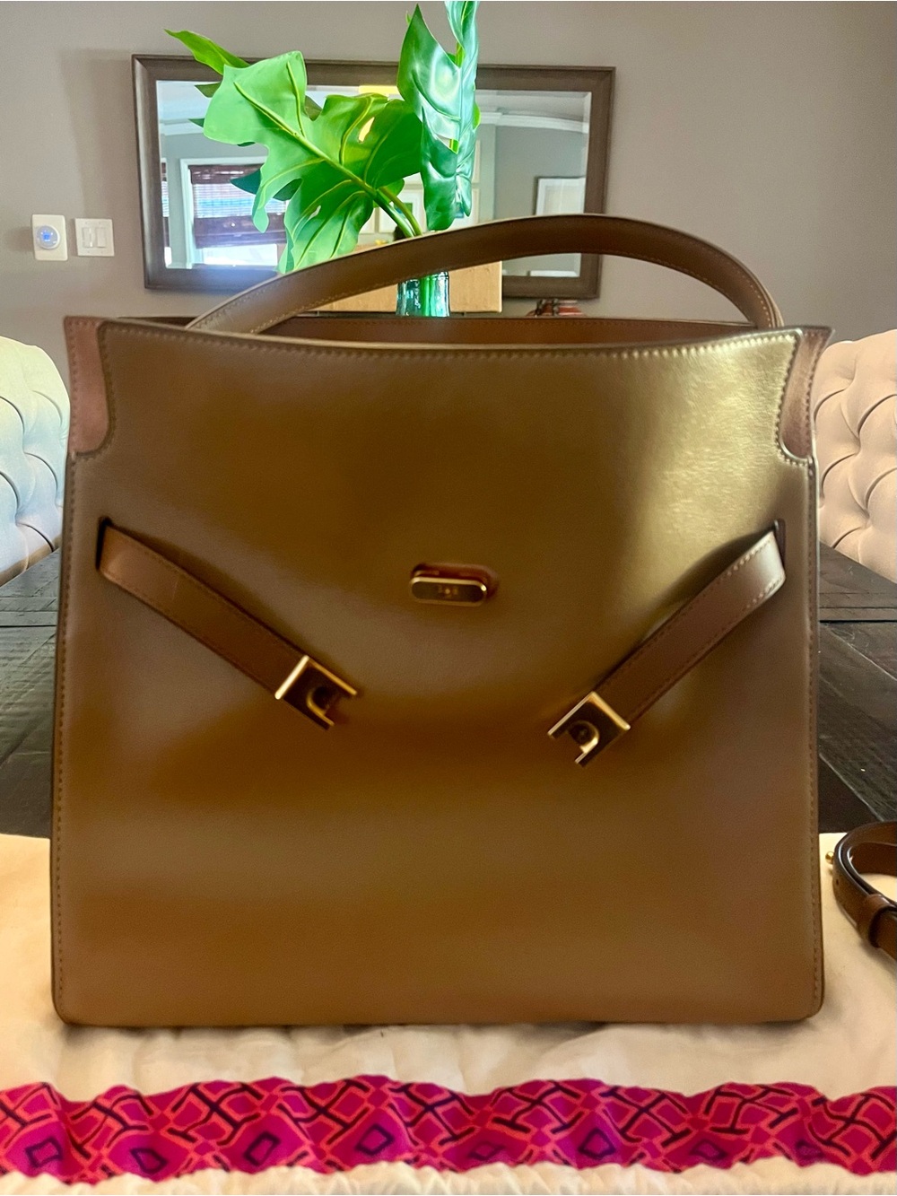 Tory Burch Two-Tone Brown Leather Satchel with Gold Hardware